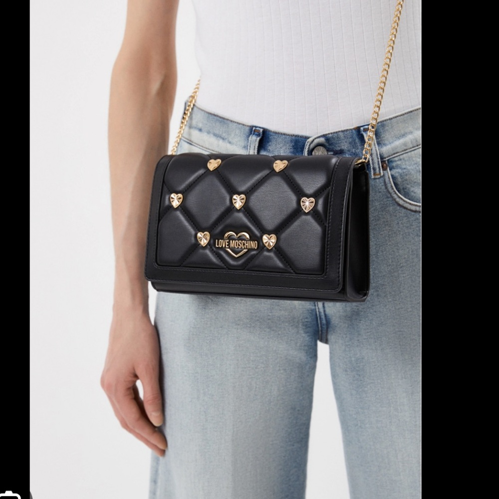 Love Moschino Black Quilted Clutch with Gold Heart Accents 💛
